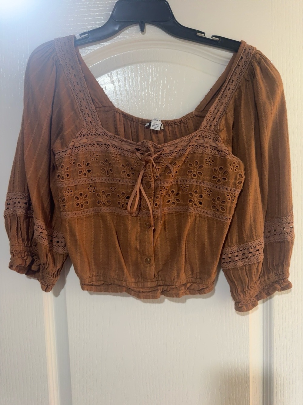 American Eagle Outfitters Brown Eyelet Lace-Up Peasant Top - Picture 2 of 8